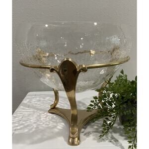Vtg LG Candy Bowl Dish Potpourri Trinket Crackle Glass Solid Brass Pedestal Base